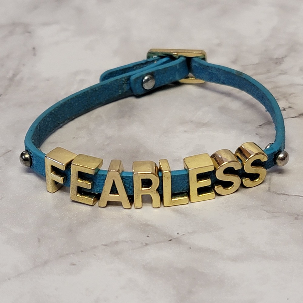 Fearless Letter Charm Bracelet Blue Gold Tone Faux Leather Wristband Concert